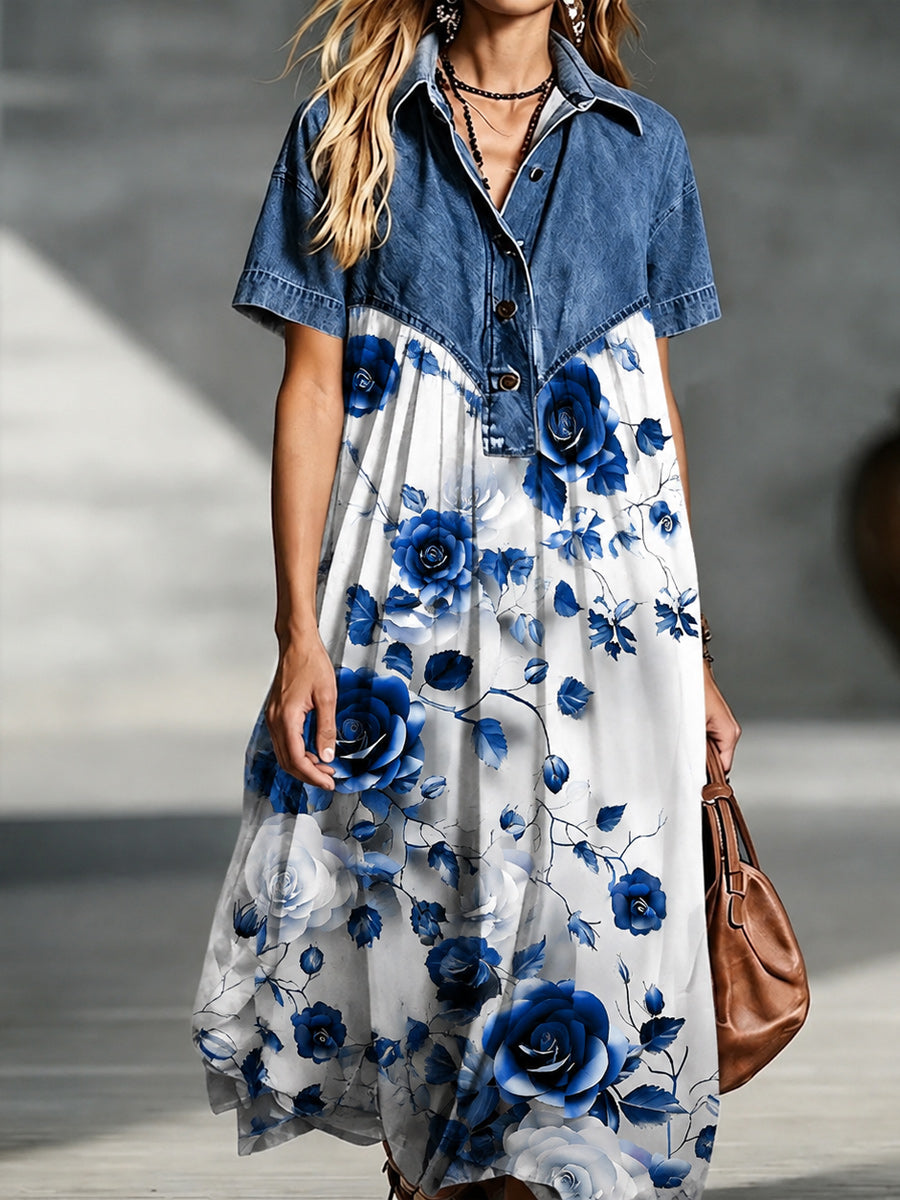 Denim Spliced Gradient Floral Shirt Maxi Dress