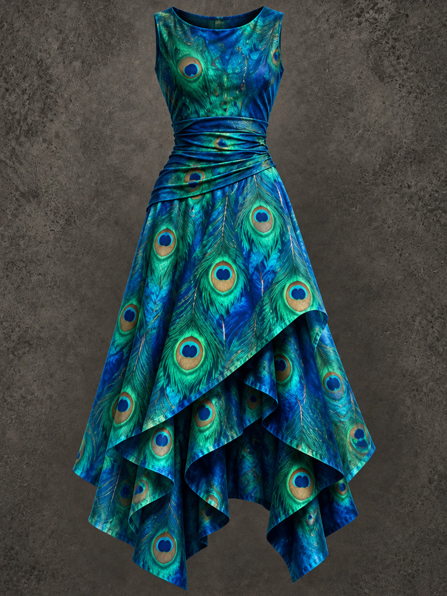 Retro Art Printed Vintage Sleeveless Irregularly Layered Stitched Midi Dress