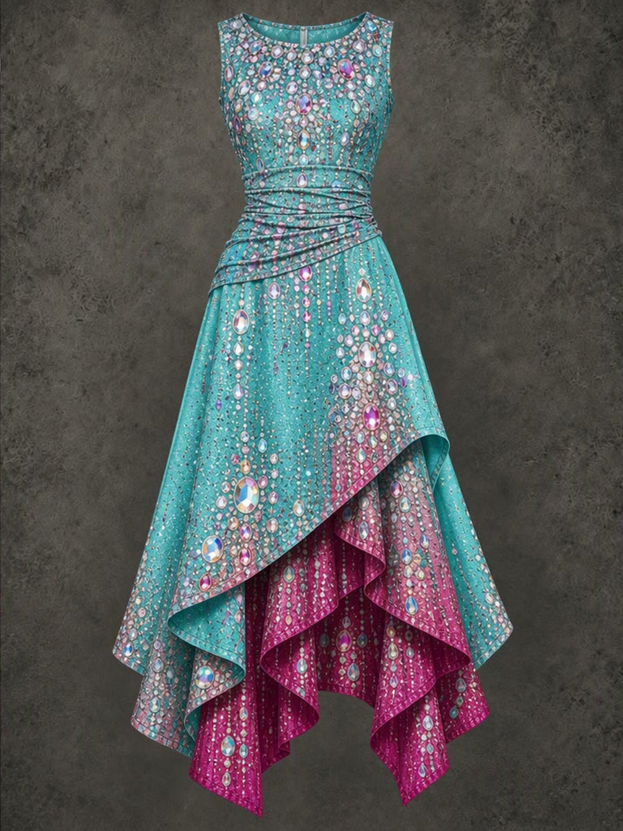 Retro Art Printed Vintage Sleeveless Irregularly Layered Stitched Midi Dress