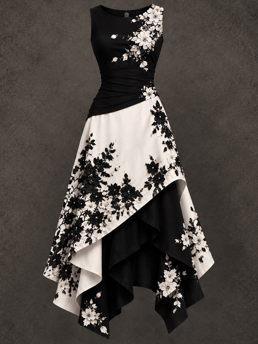 Retro Art Printed Vintage Sleeveless Irregularly Layered Stitched Midi Dress