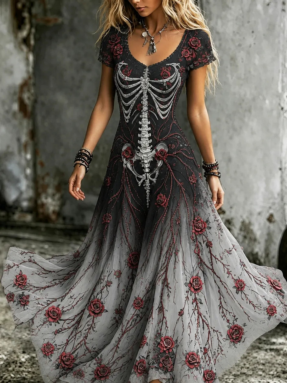 Women's  Retro Gothic Skull Floral Pattern Short Sleeves Maxi Halloween Dress