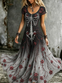 Women's  Retro Gothic Skull Floral Pattern Short Sleeves Maxi Halloween Dress