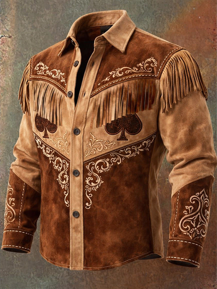 Men's Retro Western Style Art Print Vintage Tassel Casual Long Sleeve Shirt