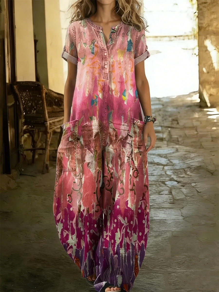 Women's Retro Floral Color-Blocked Art Print Washed Cotton Denim Patchwork Jumpsuit