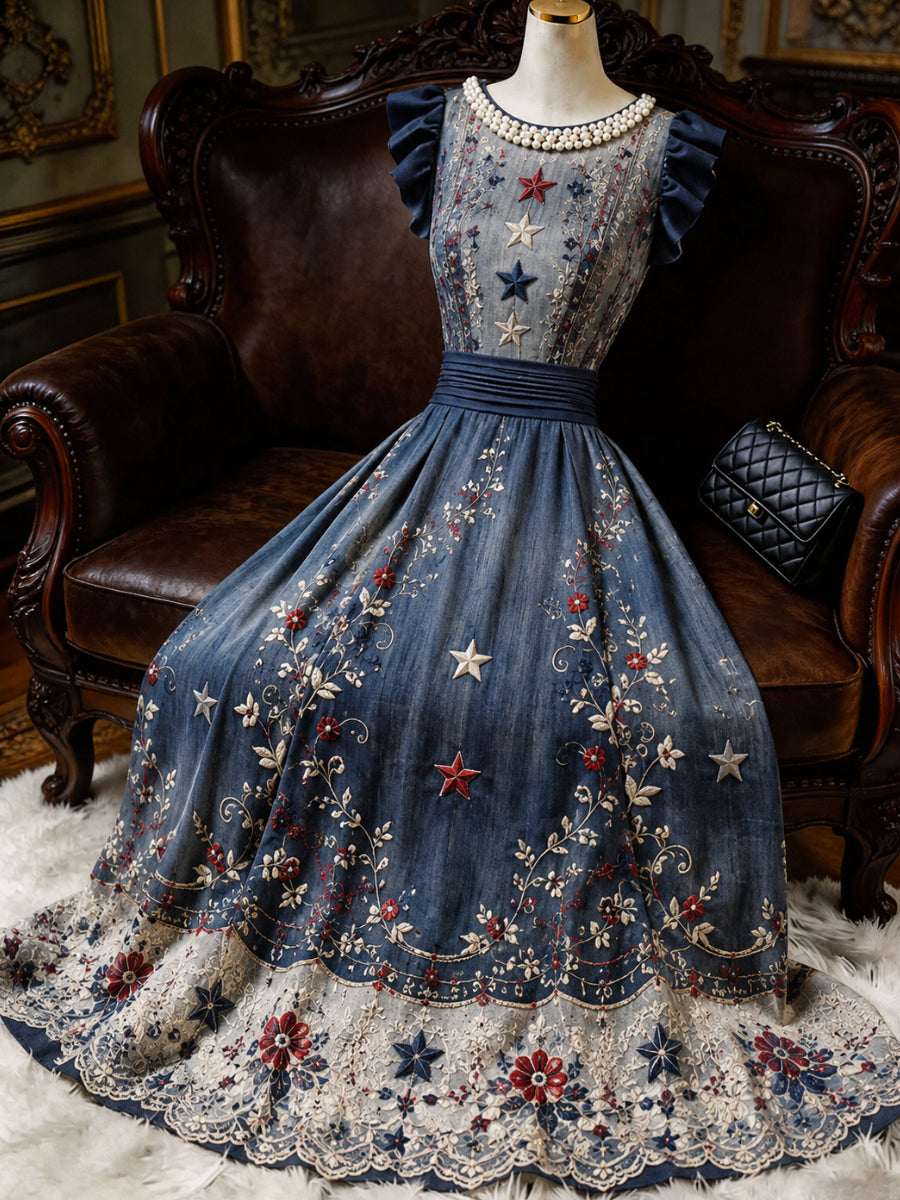 Retro Floral Art Printed Elegant V-Neck Ruffled Sleeves Maxi Dress
