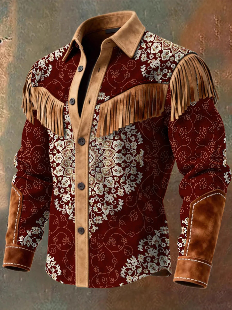 Men's Retro Western Style Art Print Vintage Tassel Casual Long Sleeve Shirt