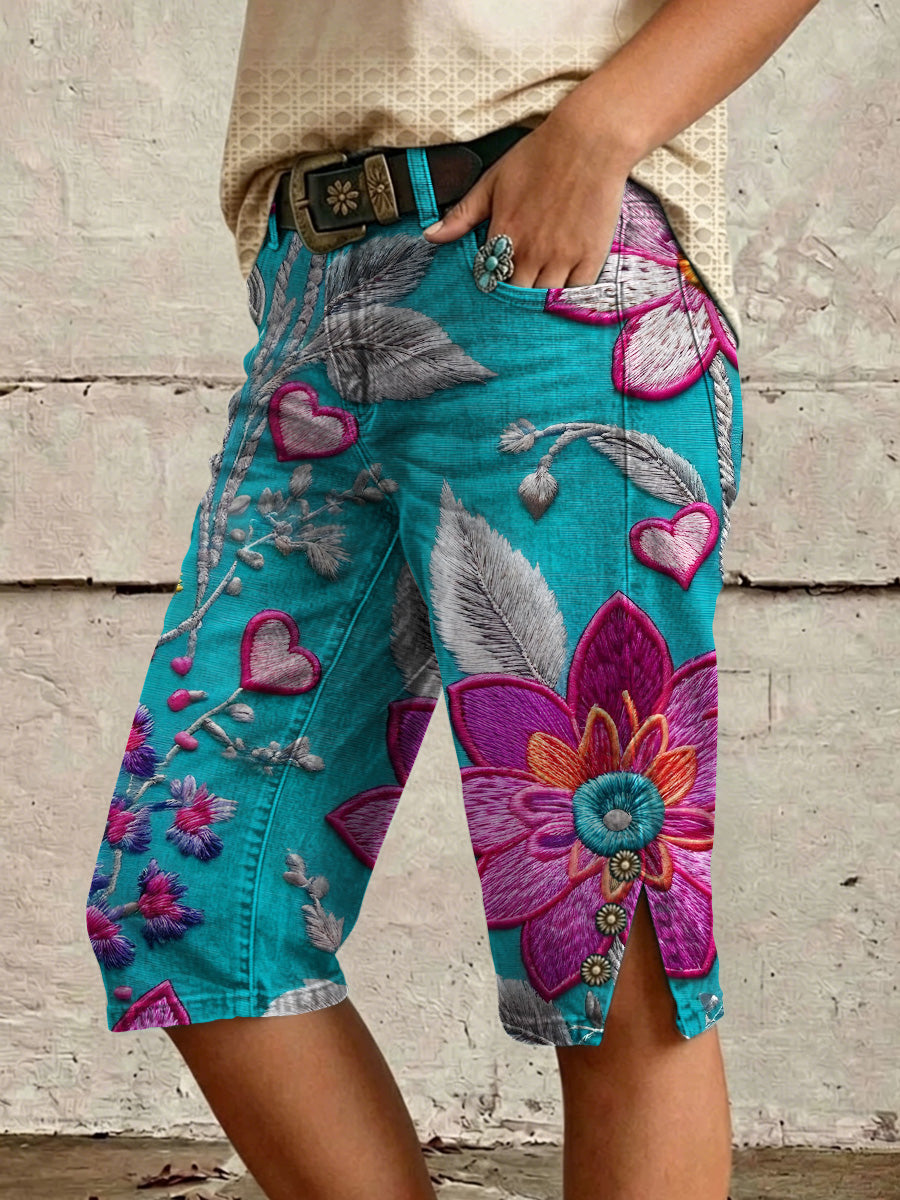 Retro Style Floral Print Vintage Casual Denim Shorts