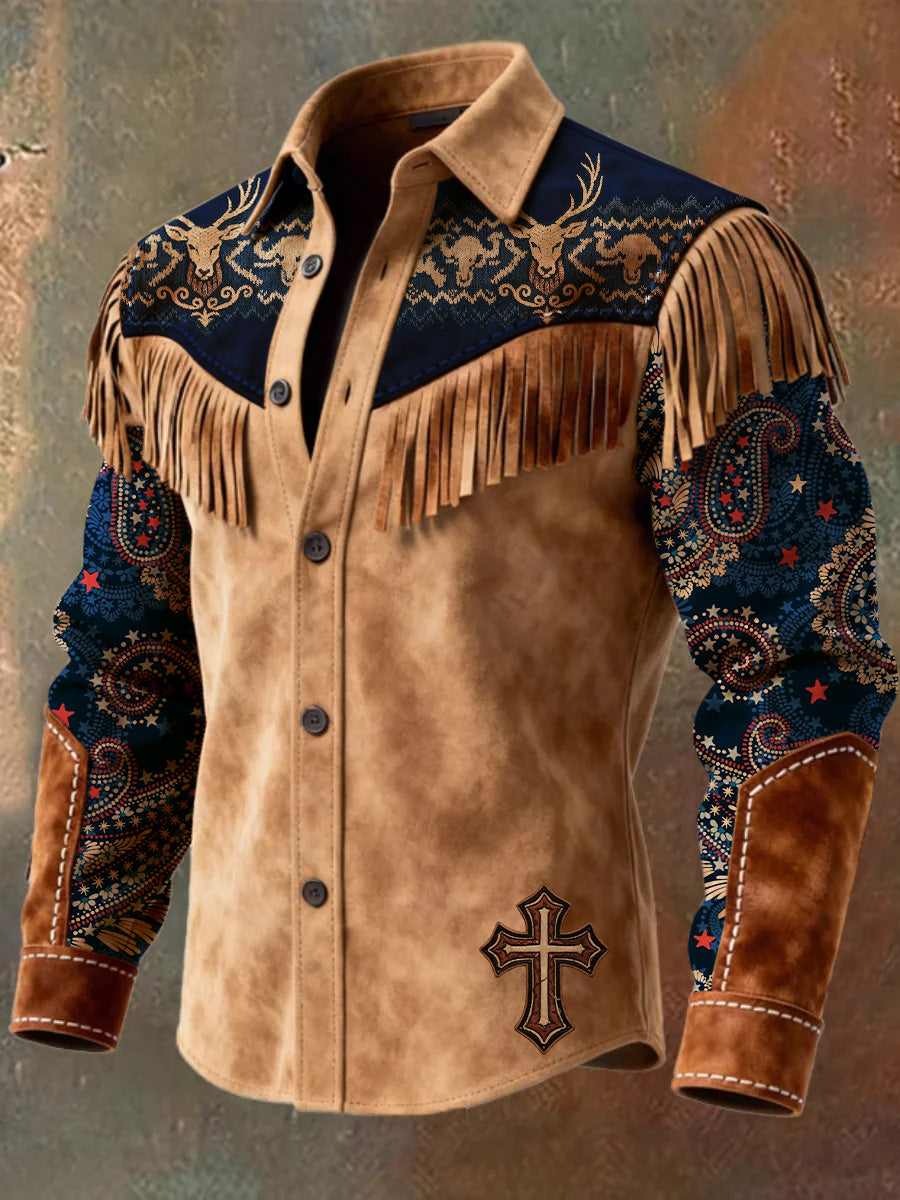 Men's Retro Western Style Art Print Vintage Tassel Casual Long Sleeve Shirt