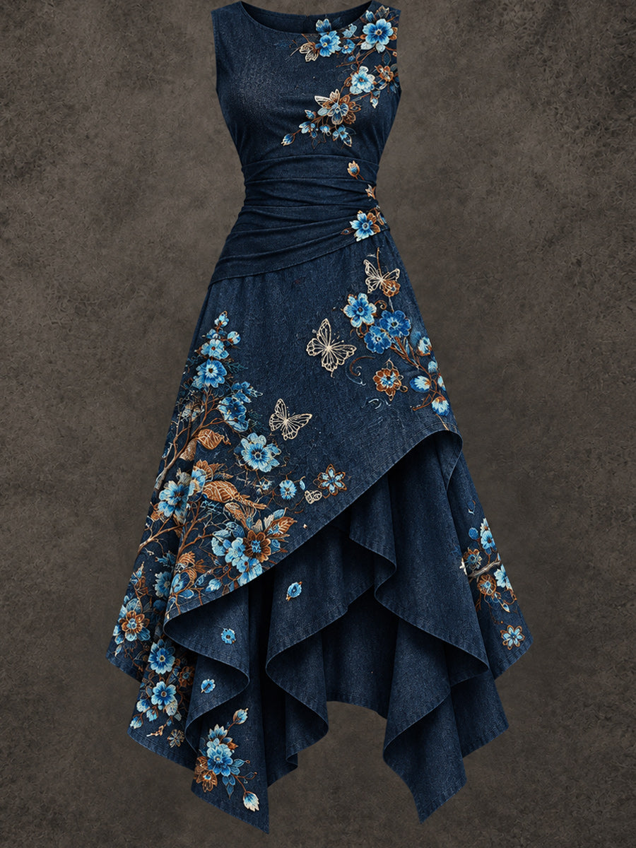 Retro Art Printed Vintage Sleeveless Irregularly Layered Stitched Midi Dress
