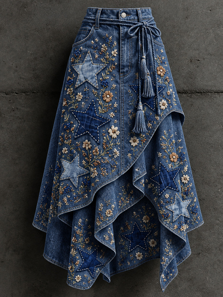 Women's Retro Style Art Print Irregularly Layered Stitched Skirt