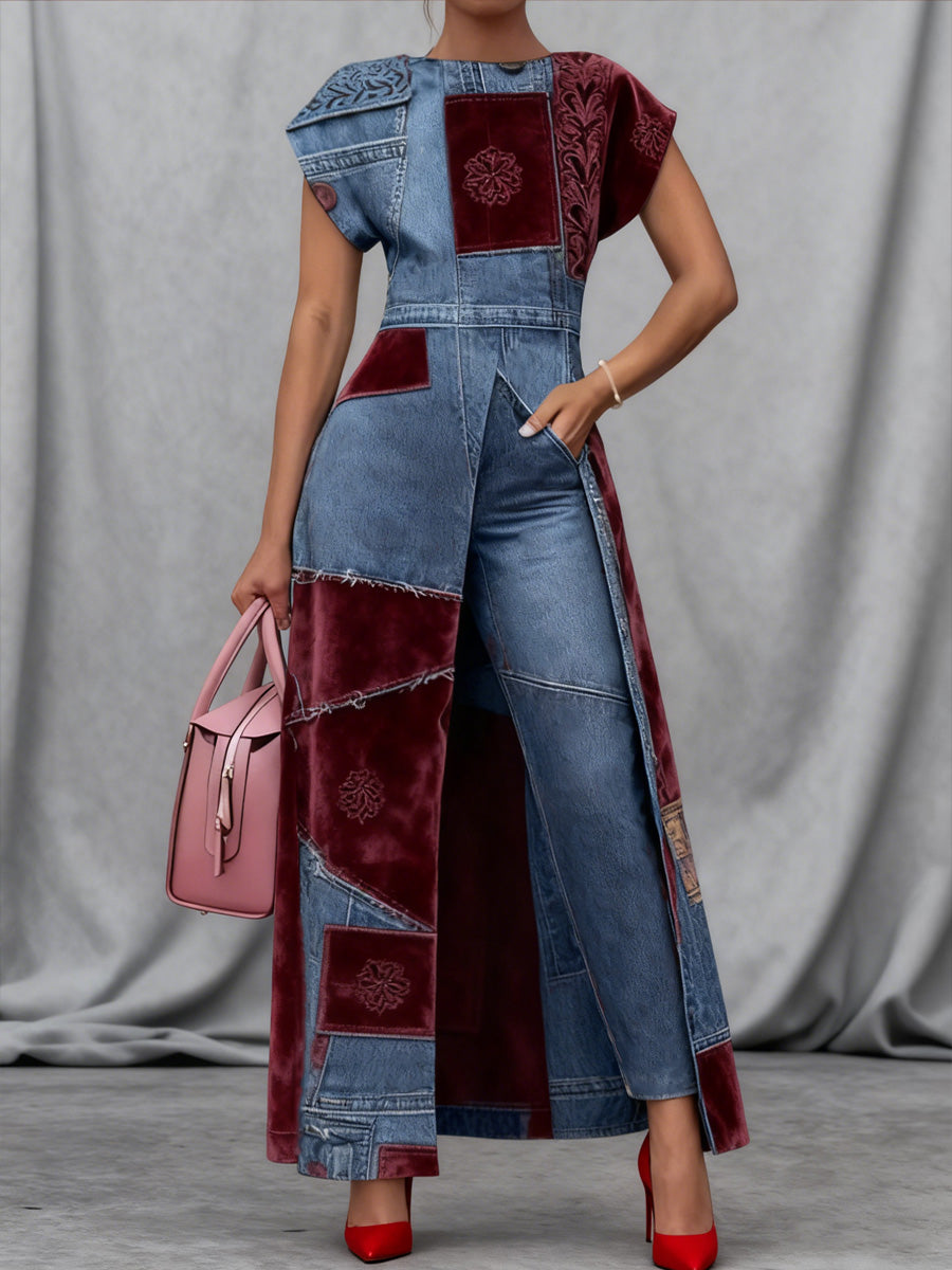 Retro Boho Floral Art Print Vintage Long Split Shirts Dress Skinny Pants Two-Piece Set