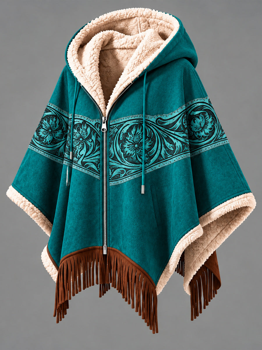Women's Fall Winter Vintage Art Fleece-Lined Hooded Fringe Poncho