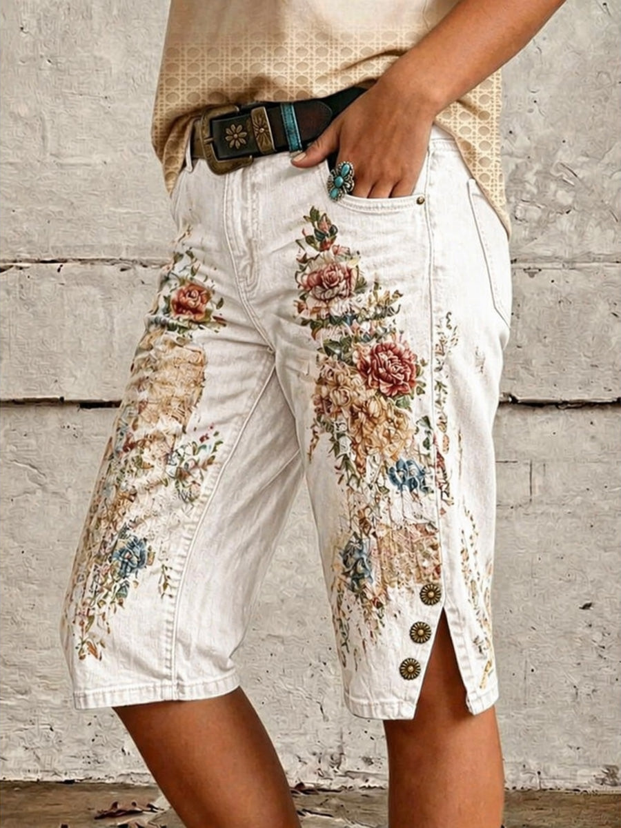 Vintage Floral Print Casual Denim Shorts