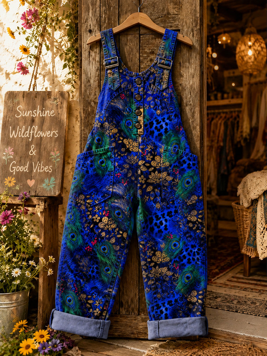 Women's Retro Style Art Print Washed Cotton Denim Patchwork Jumpsuit