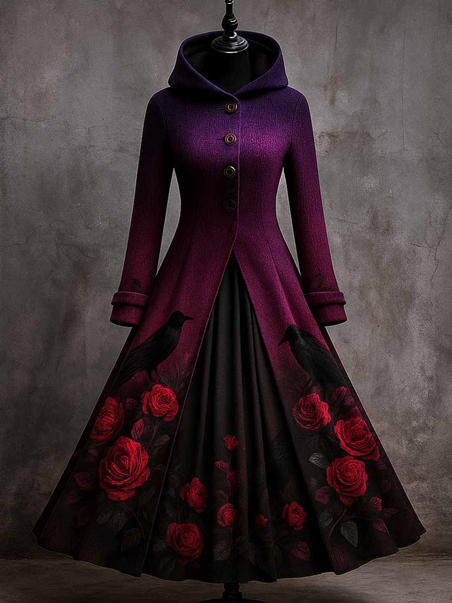 Raven Floral Art Print Long Sleeve Maxi Dress Hooded Dress