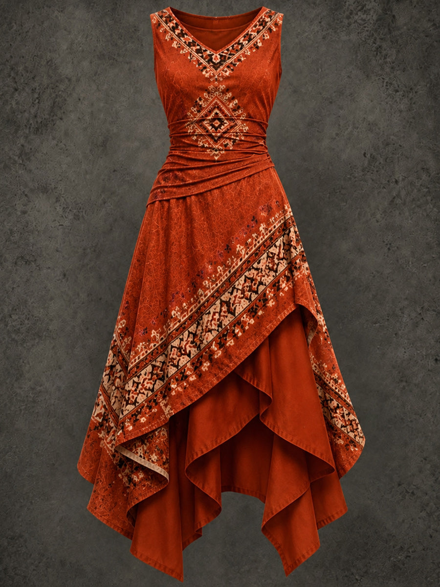 Retro Art Printed Vintage Sleeveless Irregularly Layered Stitched Midi Dress