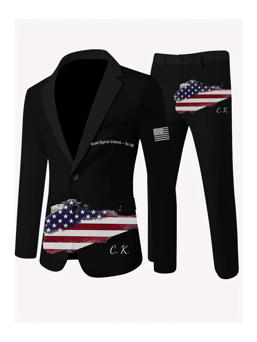 Men's Freedom American Flag Print Casual Jacket Trousers Two-Piece Suits