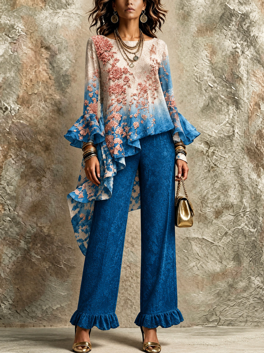 Retro Style Art Printed Wave-Shaped Irregular Oblique Long-Sleeved Top And Pants Set