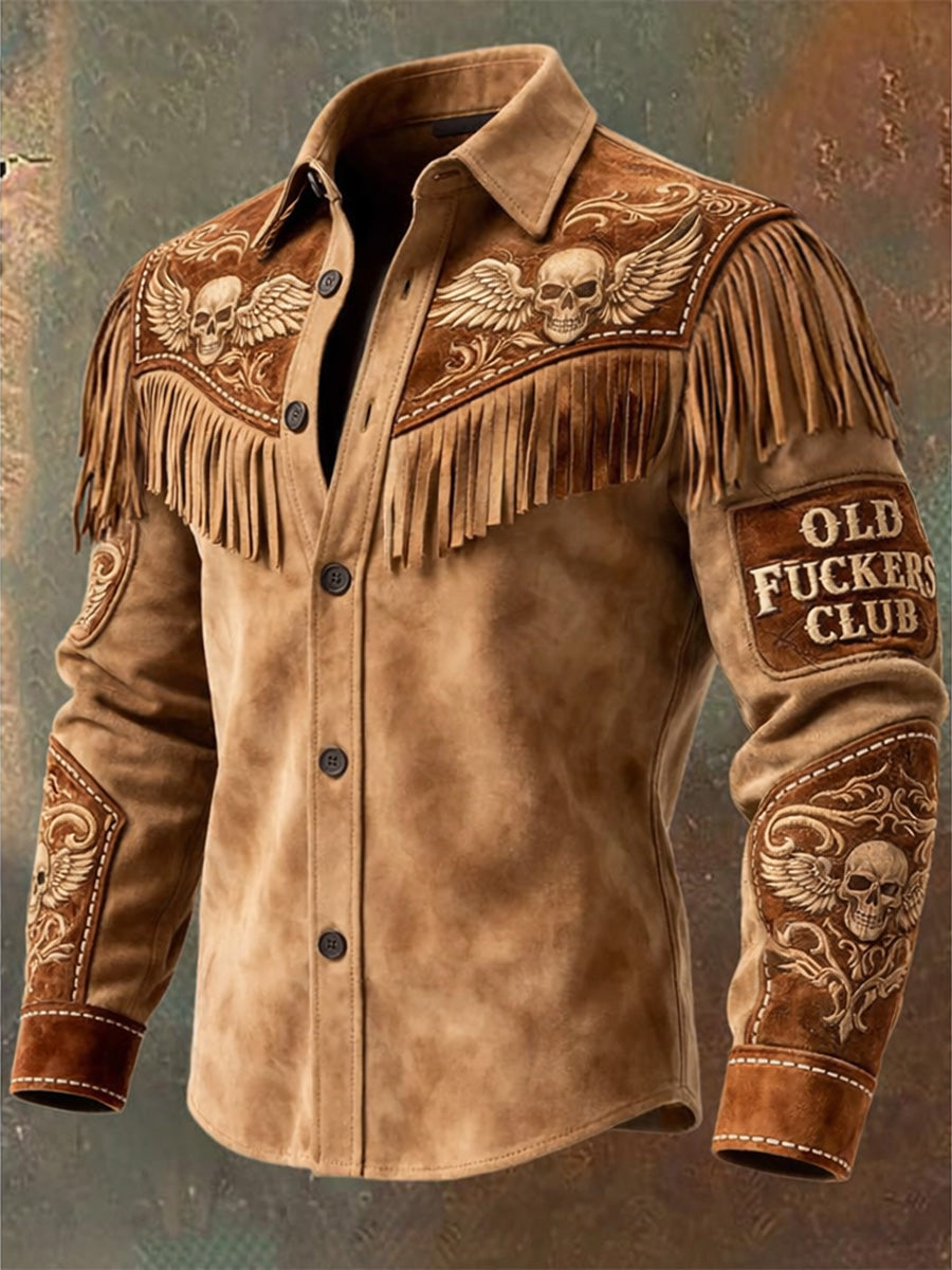 Men's Retro Old Fuckers Club Western Style Print Vintage Tassel Casual Long Sleeve Shirt
