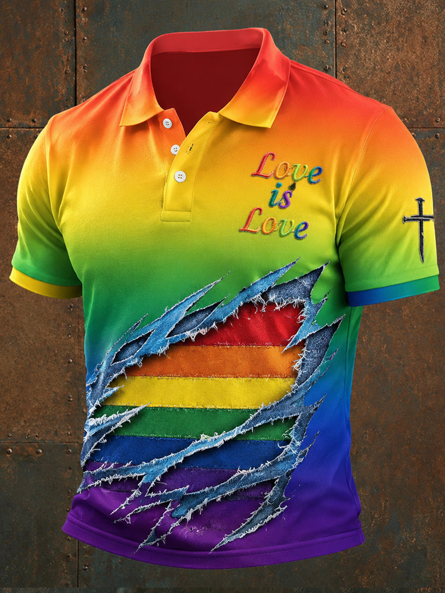 Retro Pride Month Rainbow Art Printed Retro Round Neck Short Sleeves Polo-Shirt