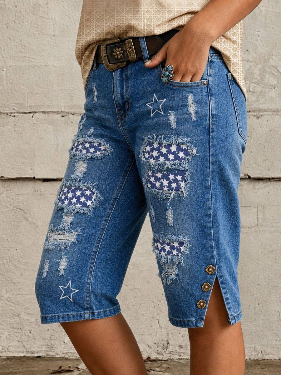 Retro Style Floral Art Print Vintage Casual Denim Shorts