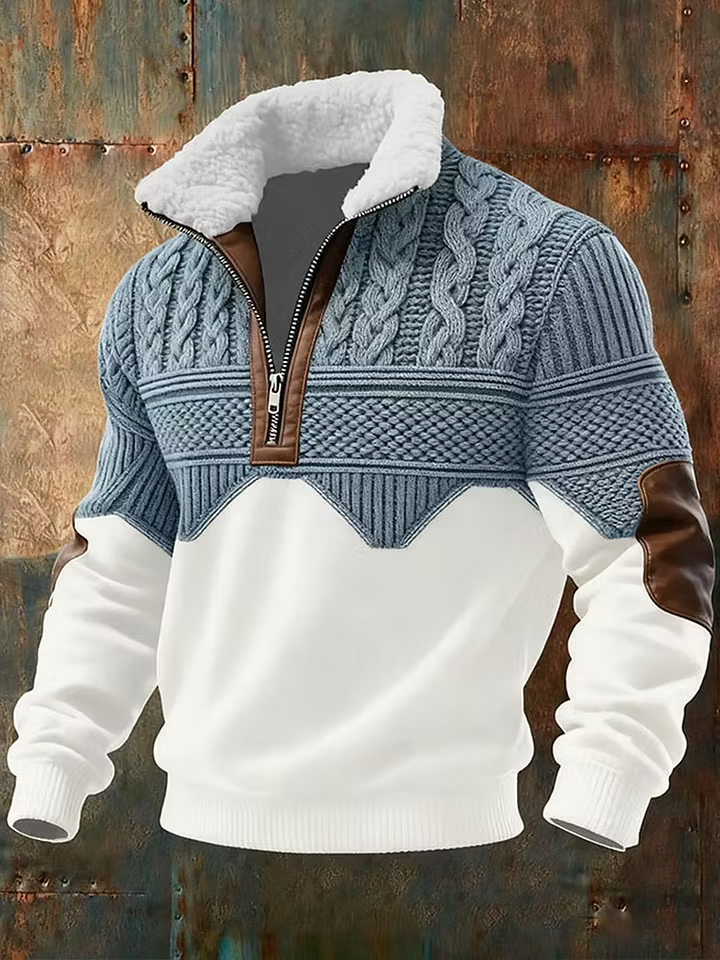 Men's Denim Art Print Jacquard Fabric Zipper Fur Collar Long Sleeve Sweatshirt