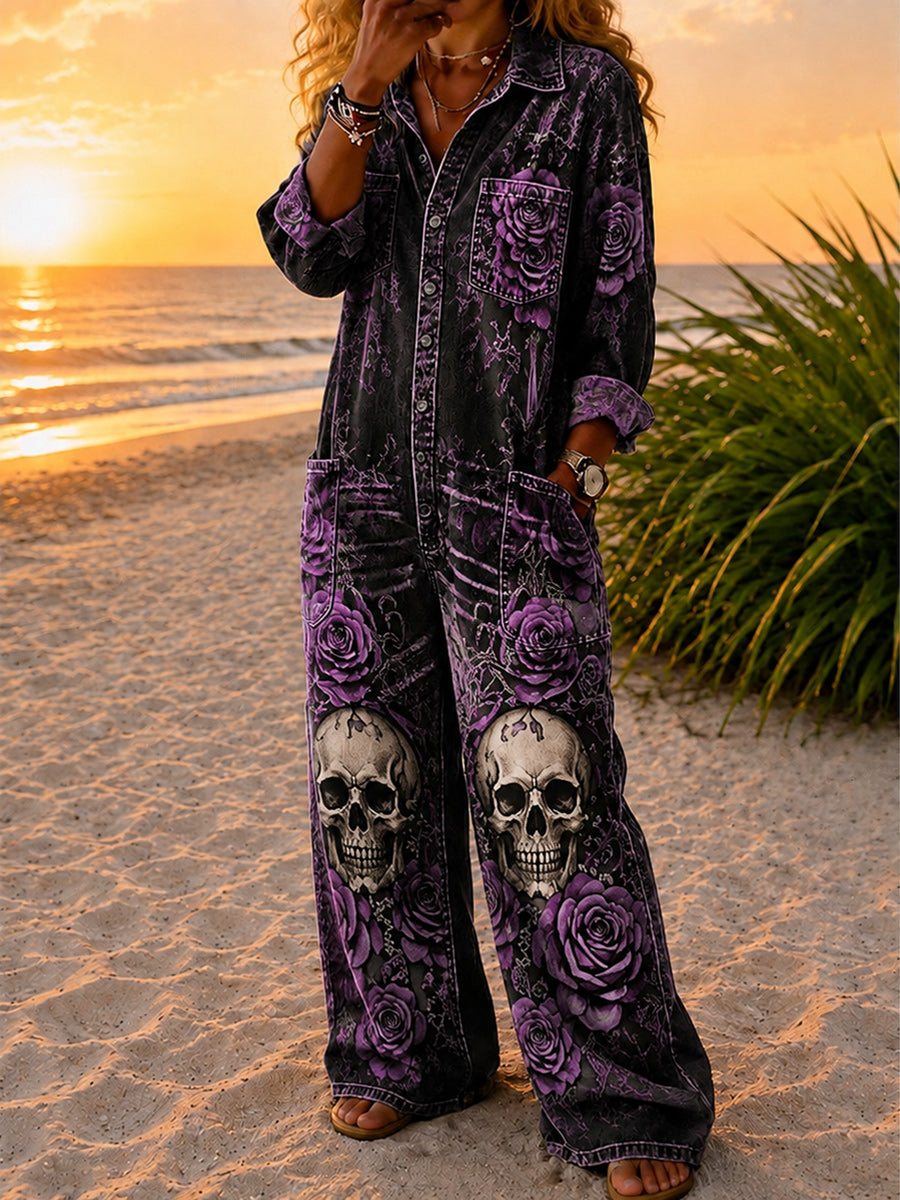 Women's Retro Style Art Print Washed V-Neck Cotton Denim Patchwork Jumpsuit
