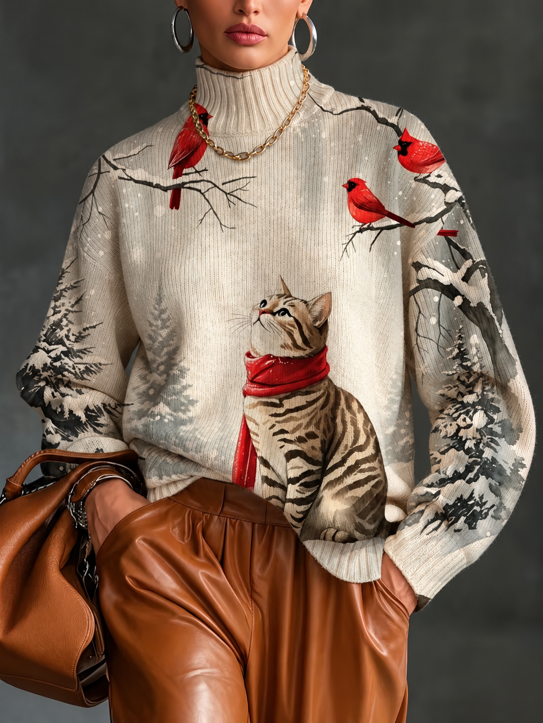 Women’s Fall Winter Vintage Art Turtleneck Knit Sweater