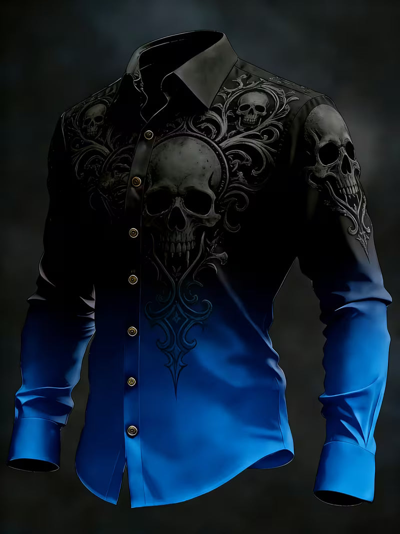 Gothic Skull Halloween Art Print Vintage Casual Long Sleeve Shirt