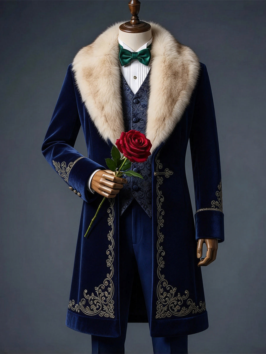 Men's Christmas Art Print Fur Shawl Collar Double Breasted Long Overcoat