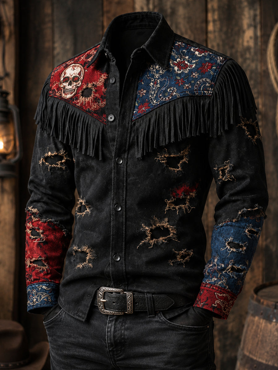 Men's Retro Western Style Long Sleeve Fringe Shirt