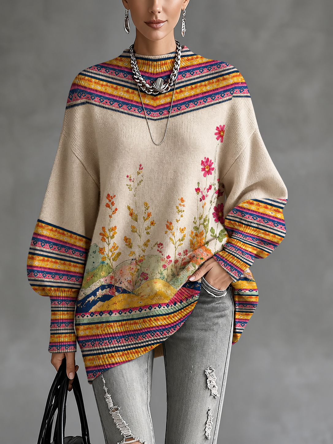 Women’s Fall Winter Vintage Art Lantern Sleeve Knit Sweater