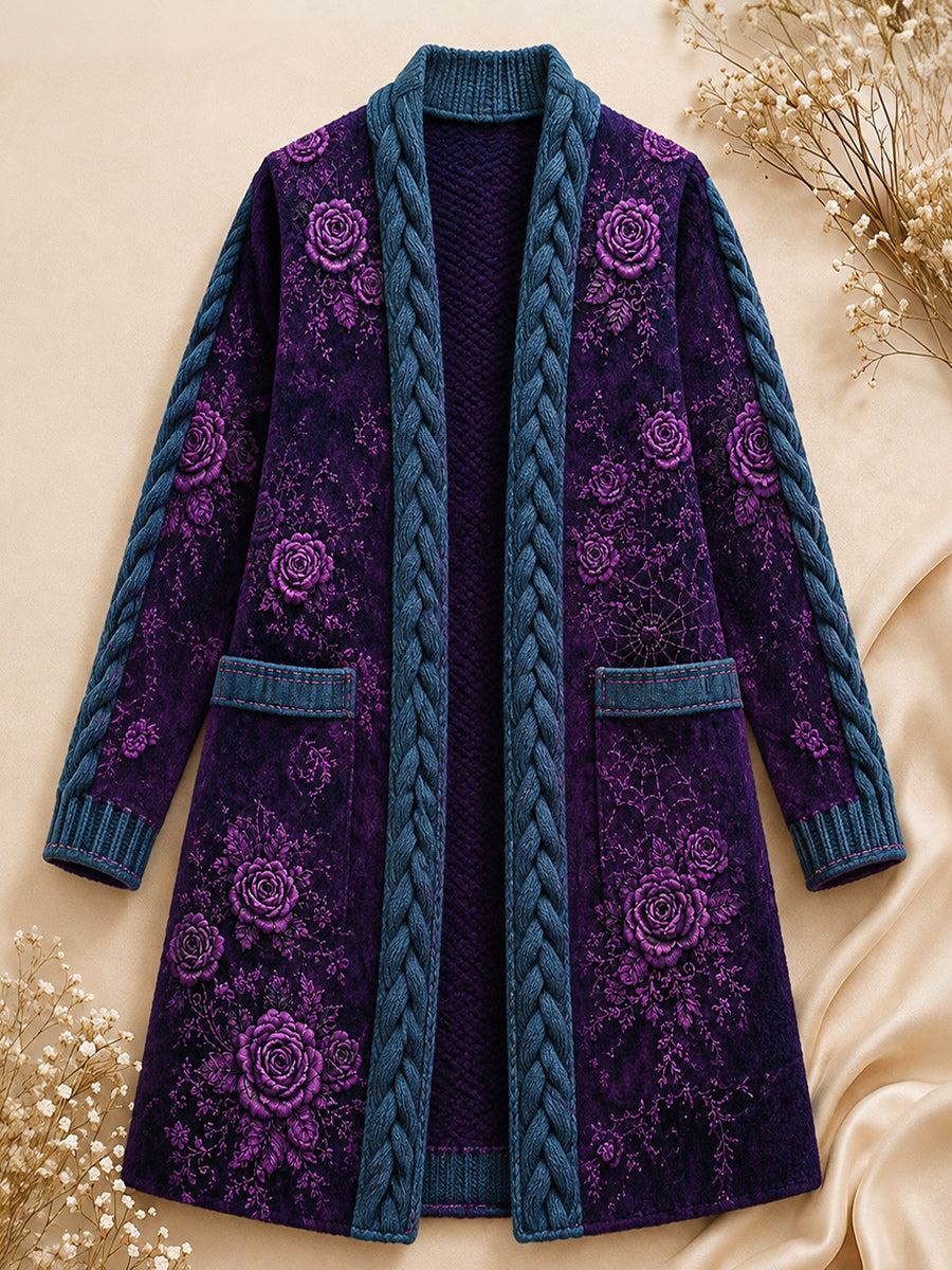 Retro Style Art Print Casual Pocket Mid-Length Knitted Cardigan Coat