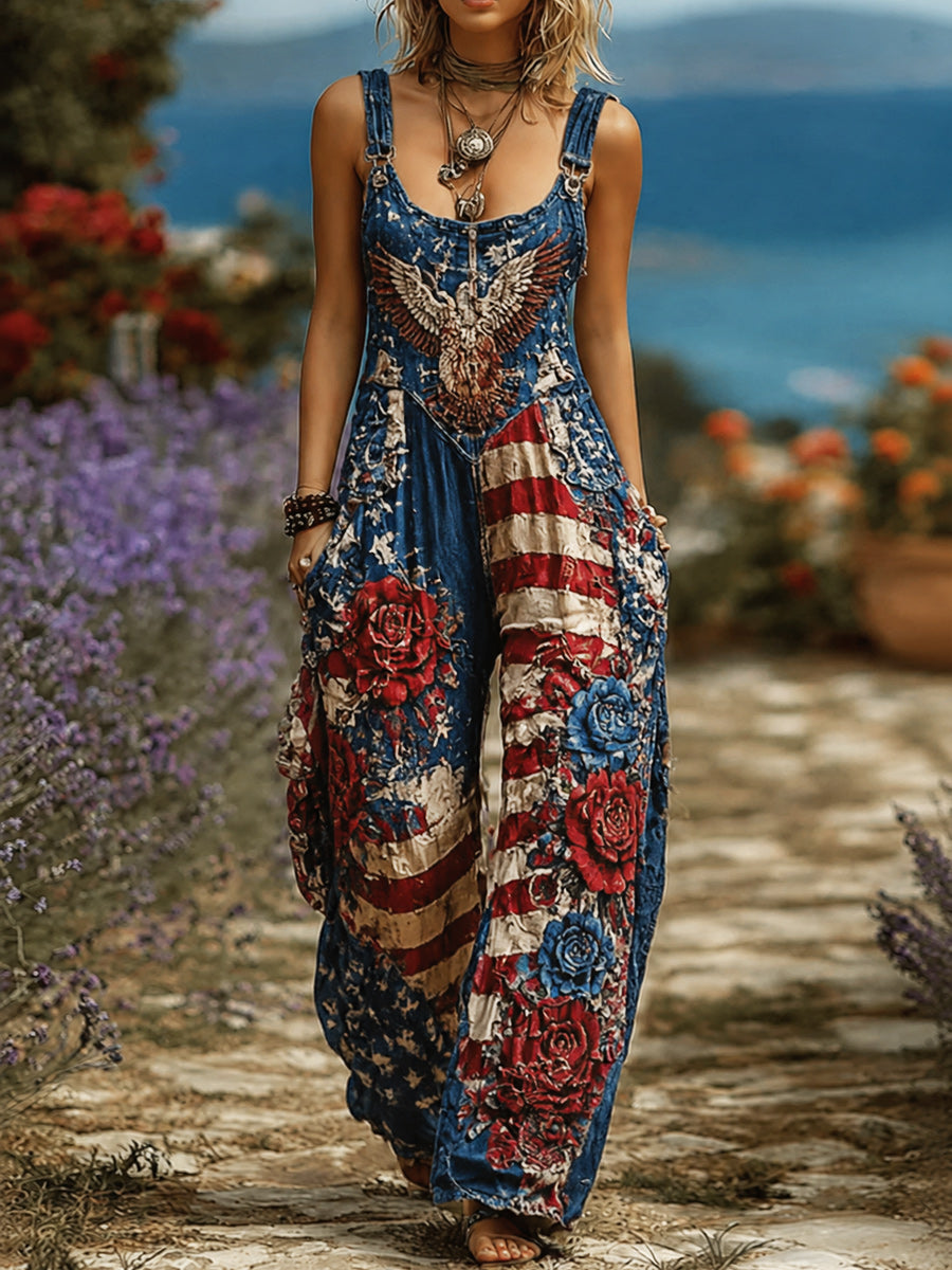 Women's Retro Style Art Print Washed Cotton Denim Patchwork Jumpsuit