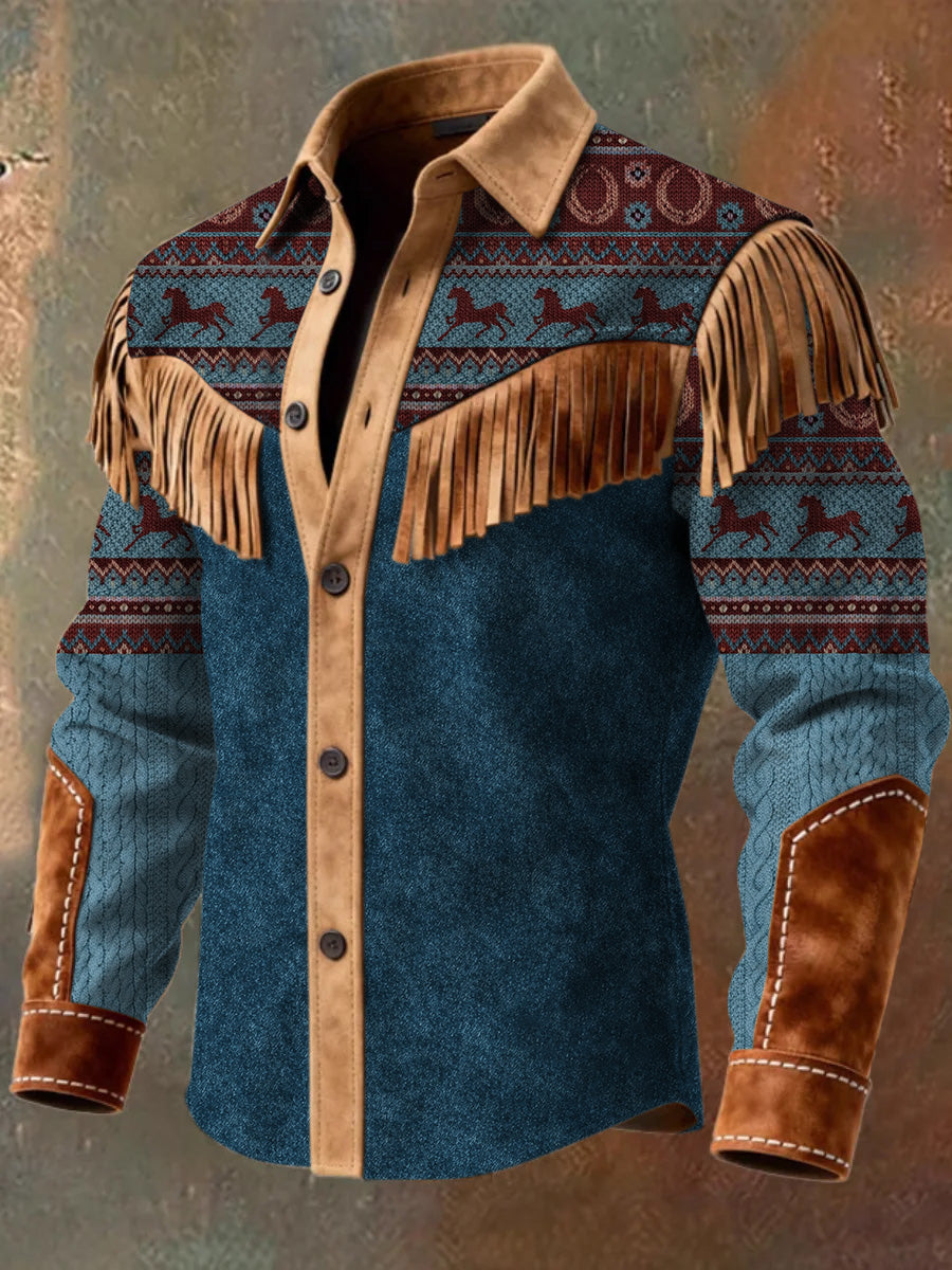 Men's Retro Western Style Art Print Vintage Tassel Casual Long Sleeve Shirt
