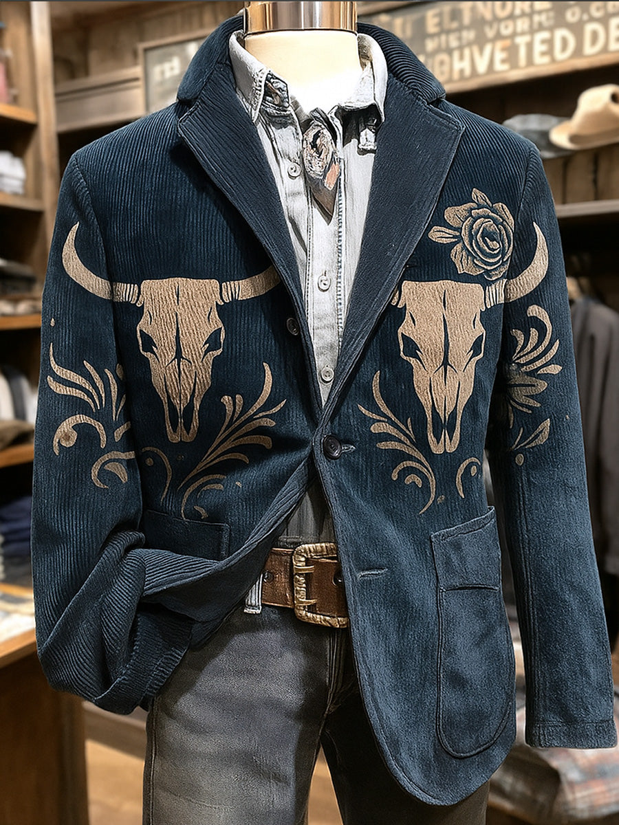 Men's Retro Western Style Bull Skull Print Casual Corduroy Pocket Blazers