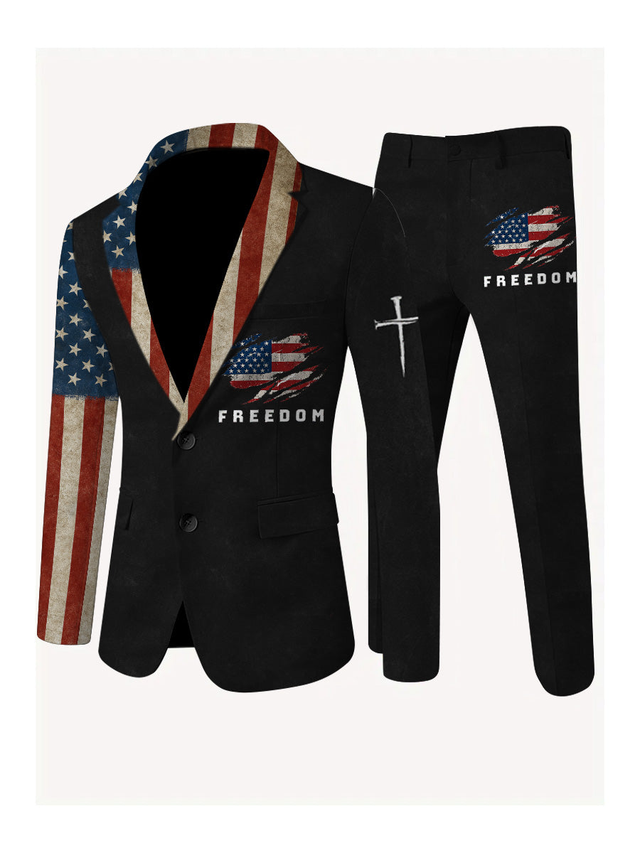 Men's Freedom American Flag Print Casual Jacket Trousers Two-Piece Suits