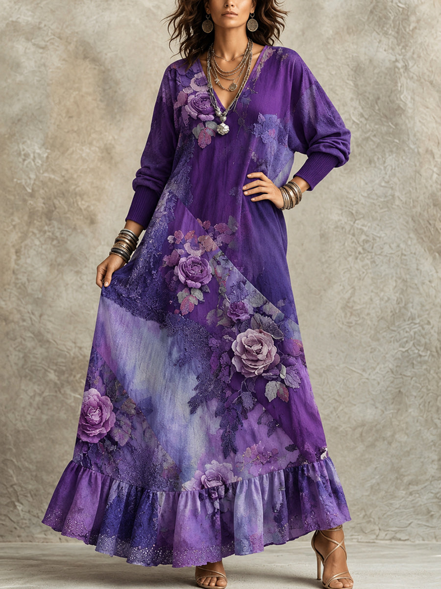 Retro Art Print Casual Vintage V-Neck Long-Sleeve Cotton Dress