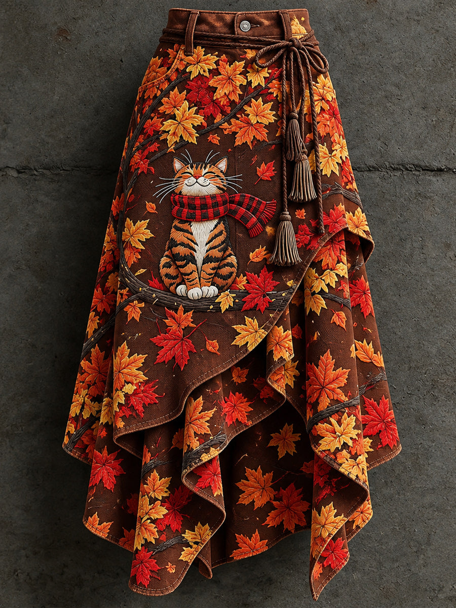 Women's Retro Style Art Print Irregularly Layered Stitched Skirt