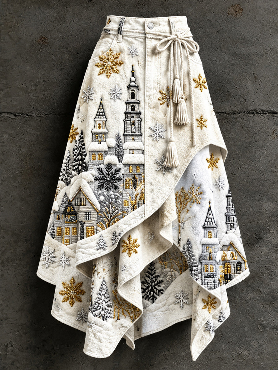 Women's Retro Style Art Print Irregularly Layered Stitched Skirt