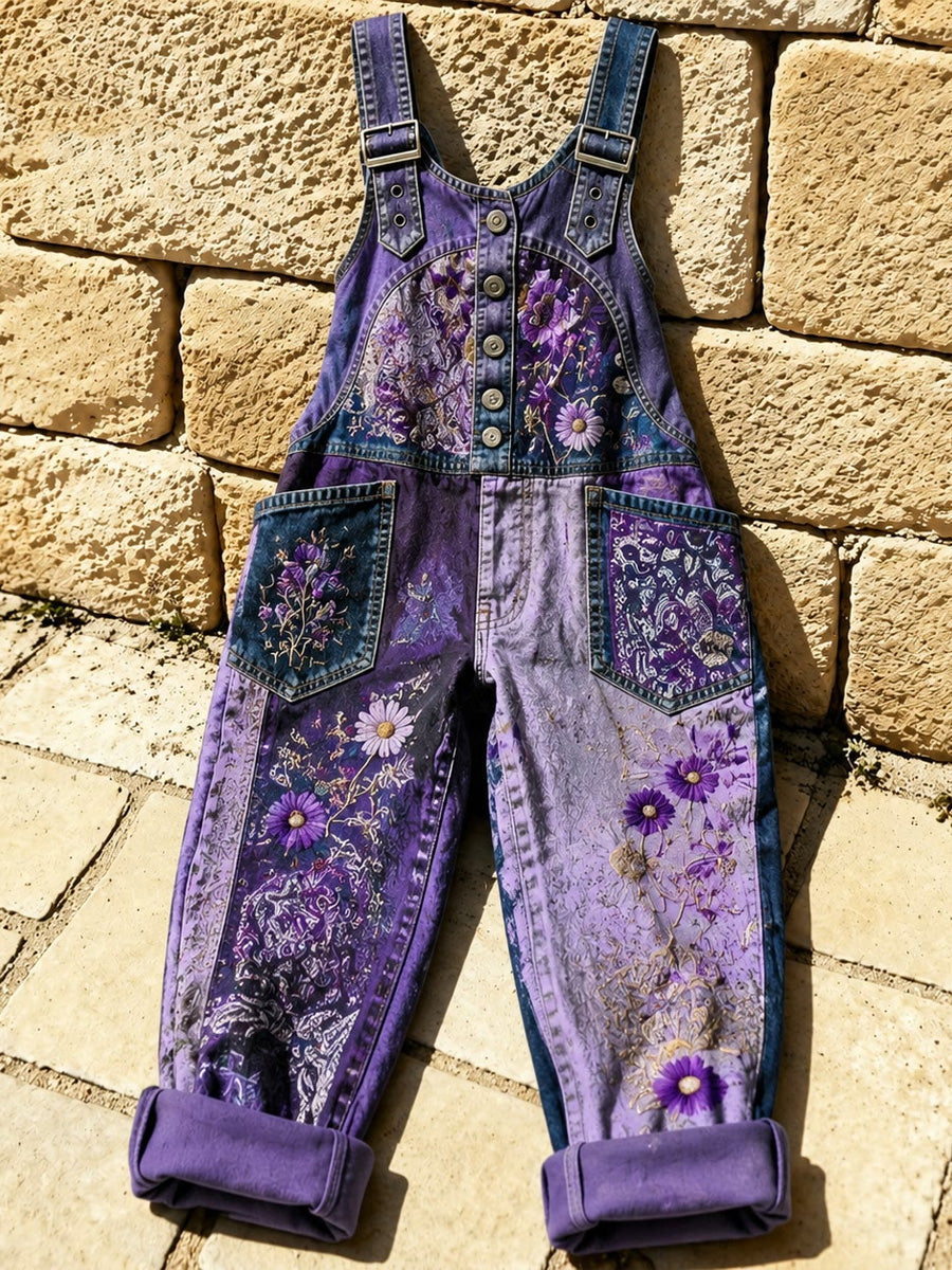 Women's Retro Style Print Washed Cotton Denim Patchwork Jumpsuit