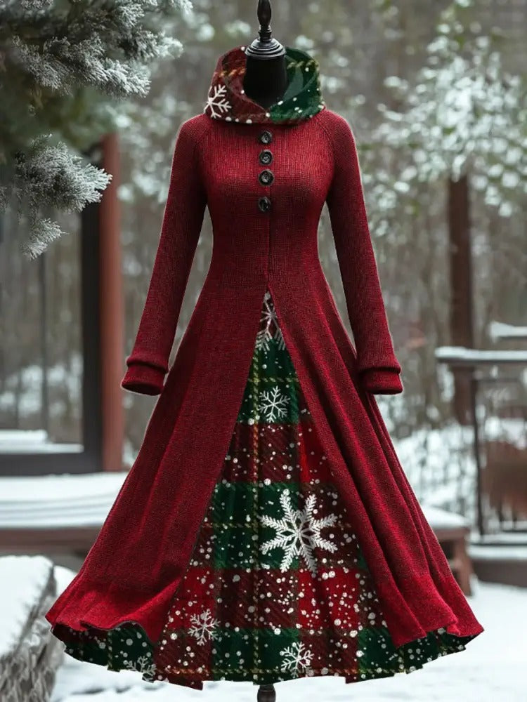 Vintage Art Print Long Sleeve Maxi Dress Hooded Dress