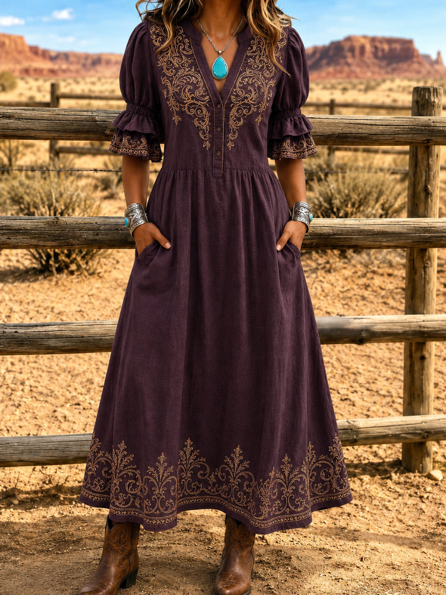 Women's Retro Art Print Washed Cotton Lace Patchwork Midi Dress