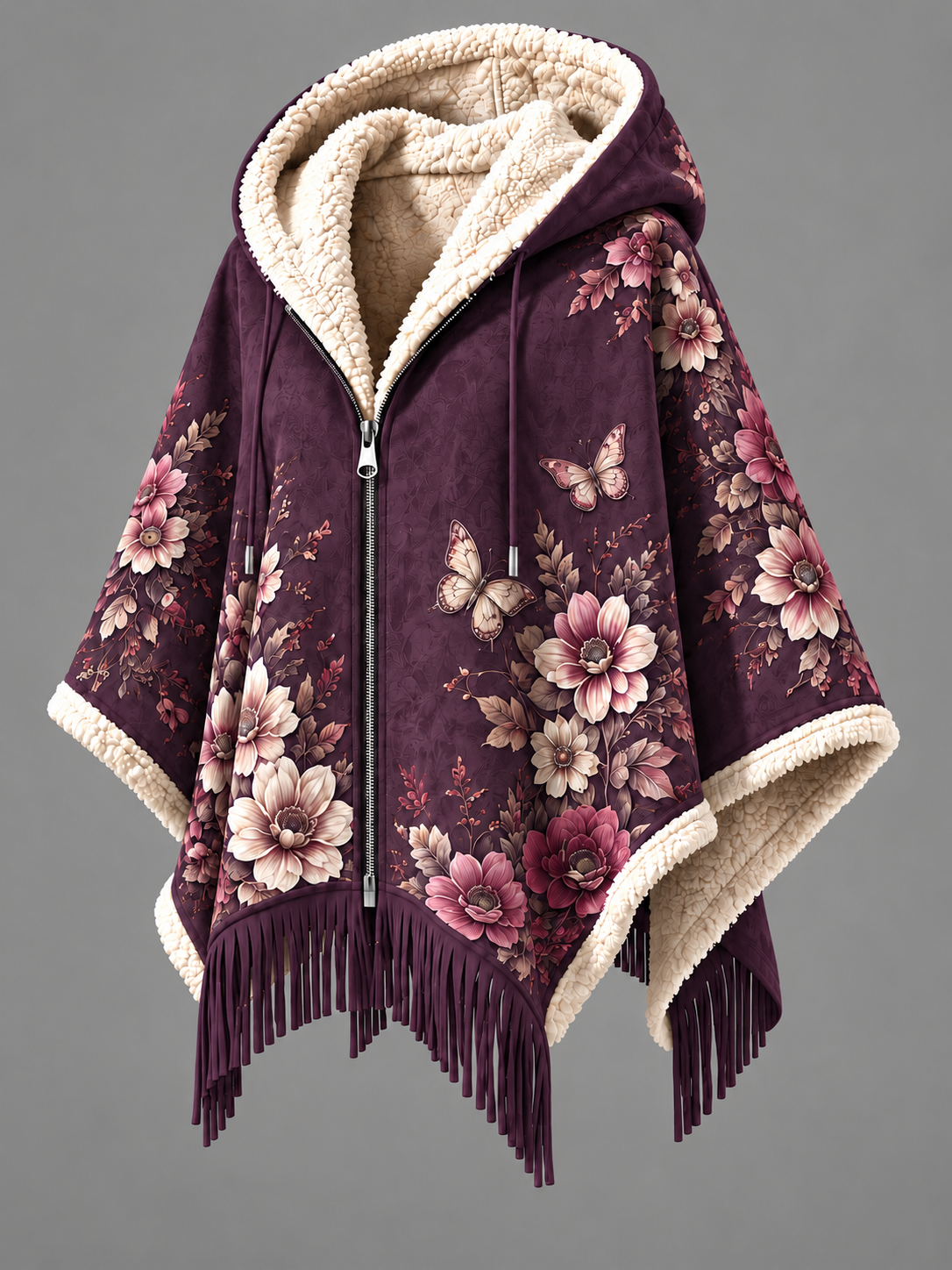 Women's Fall Winter Vintage Art Fleece-Lined Hooded Fringe Poncho