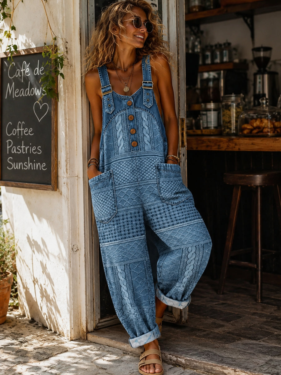 Women's Casual Sleeveless Denim Patchwork Jumpsuit