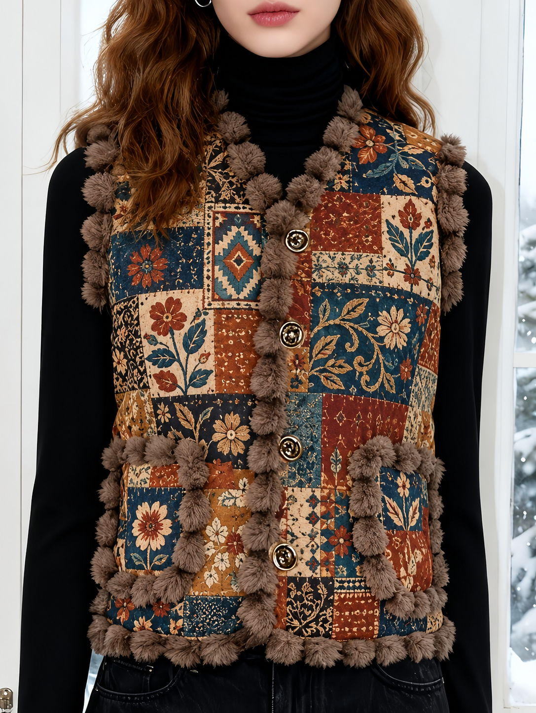 Women's Fall Winter Vintage Art Patchwork Fleece-Trimmed Vest