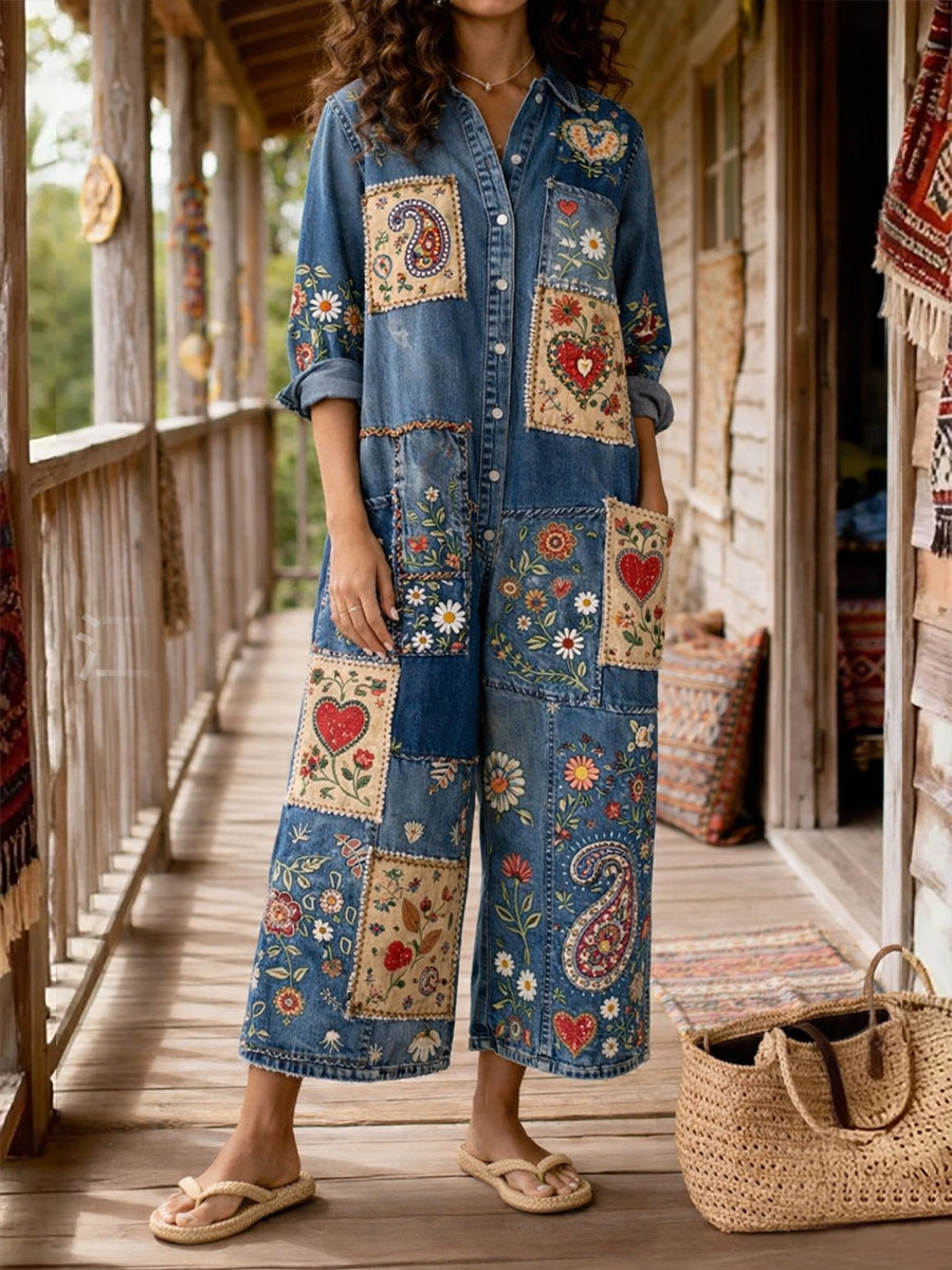 Women's Retro Floral Color-Blocked Art Print Long Sleeves Patchwork Jumpsuit