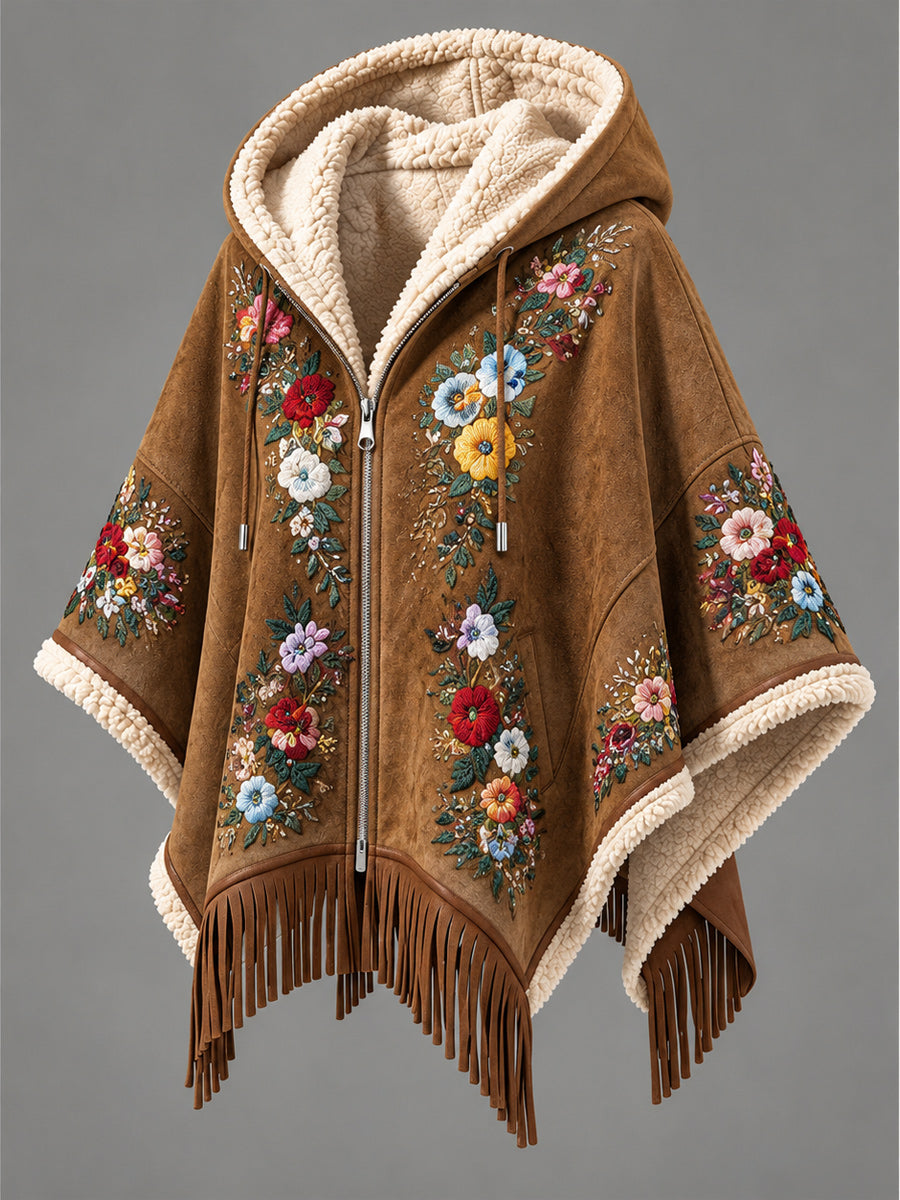 Women's Fall Winter Vintage Art Fleece-Lined Hooded Fringe Poncho