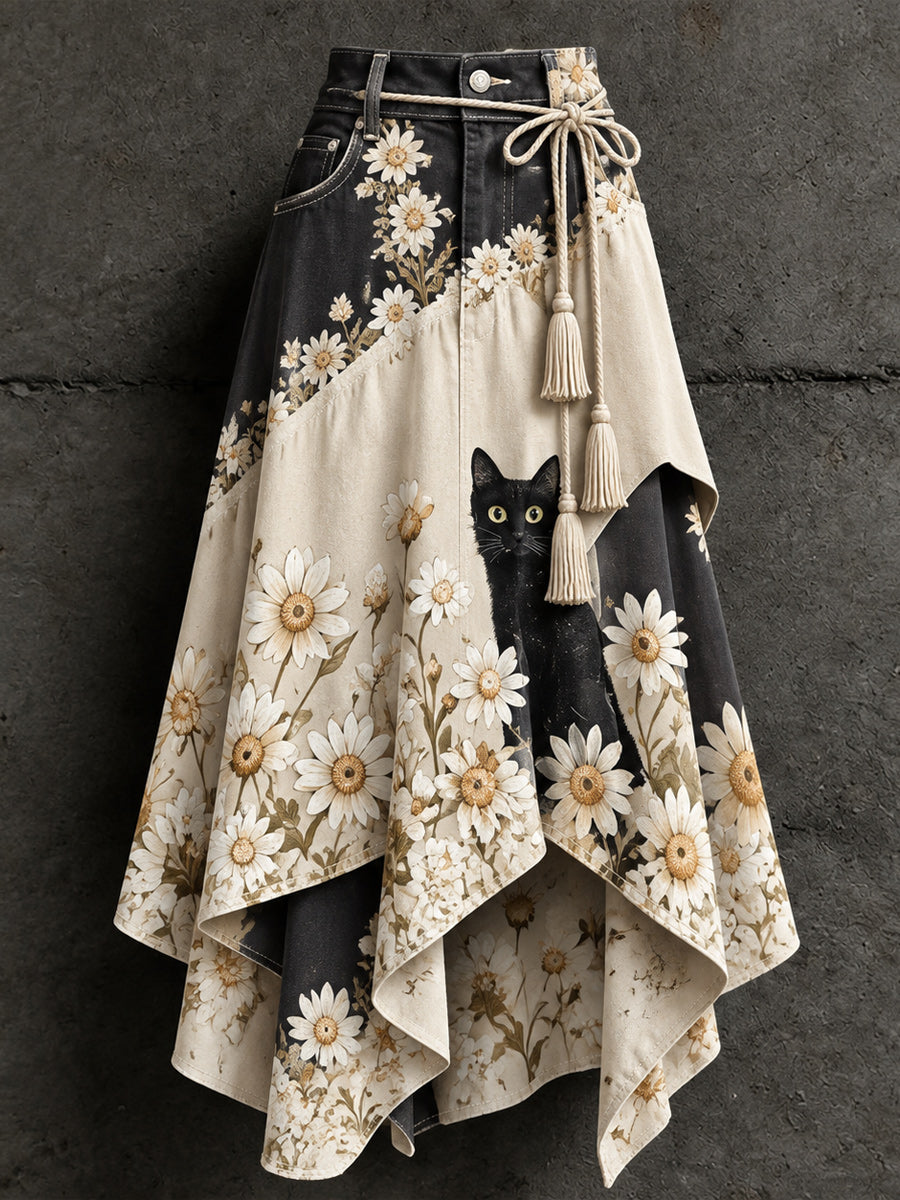 Women's Retro Style Art Print Irregularly Layered Stitched Skirt