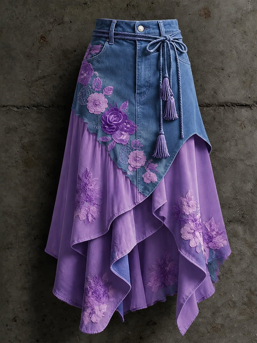 Women's Retro Style Art Print Irregularly Layered Stitched Skirt